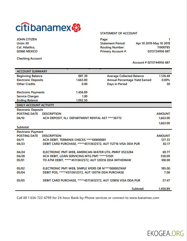 Relevé bancaire Mexique Citibanamex
